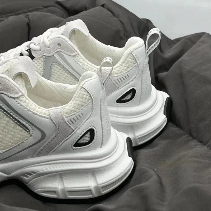 Polar Wave beige mesh platform shoes with wedge heel and lace-up design