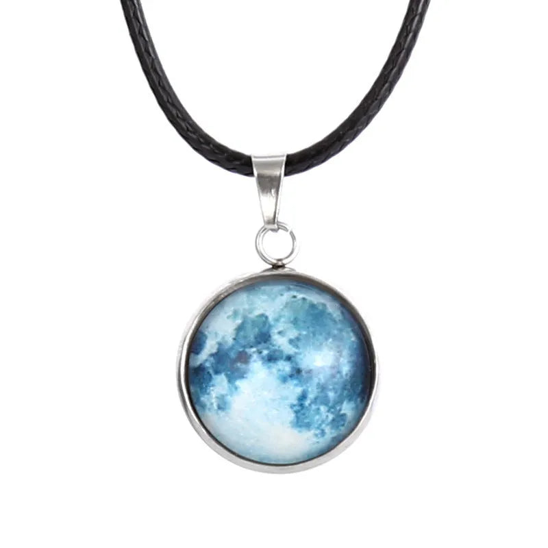 Time Stone Christmas Moon Night Sky pendant necklace with organic glass and luminous alloy on extension chain