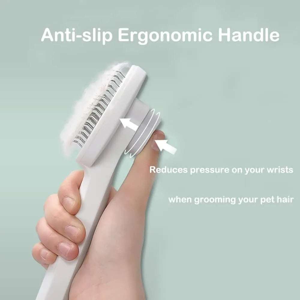 Blue self-cleaning cat brush with rubber-tipped metal pins and ergonomic handle for pet grooming