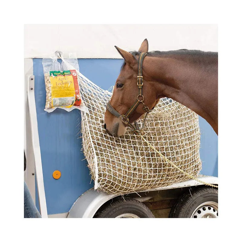 Black woven PE rope hanging feeding bag for horses, showing grid weave and hanging straps.
