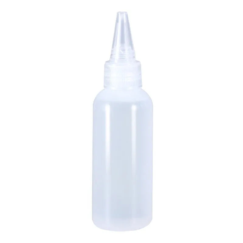 Transparent plastic dispensing bottle with narrow pourer, available in 30ml, 60ml, 100ml, and 120ml sizes.
