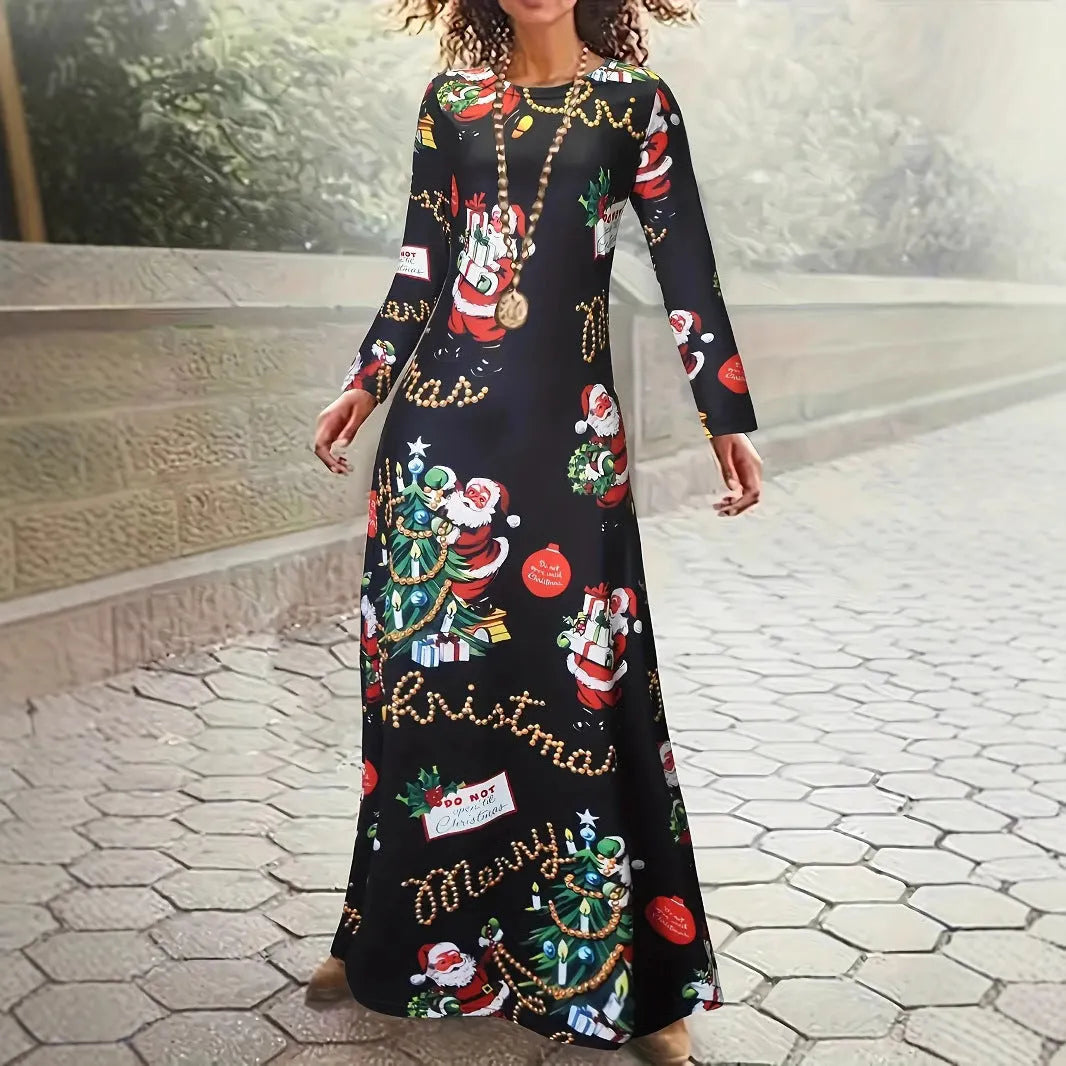 Santa Claus printed long sleeve polyester dress in beige with leather stitching details