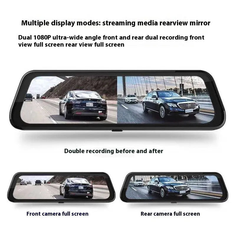 10-inch streaming media rearview mirror tachograph with full screen touch and front rear dual lens night vision