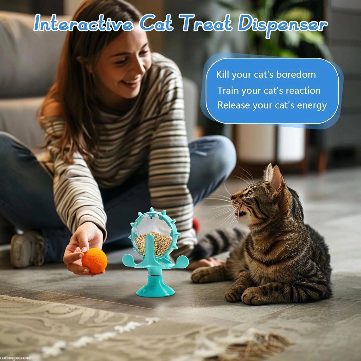 Interactive pet slow feeder toy with spinner design in blue, green, red or yellow colours