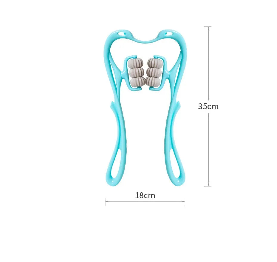 Blue swan-shaped six-wheel neck massager with removable balls and natural jade scraping board on white background