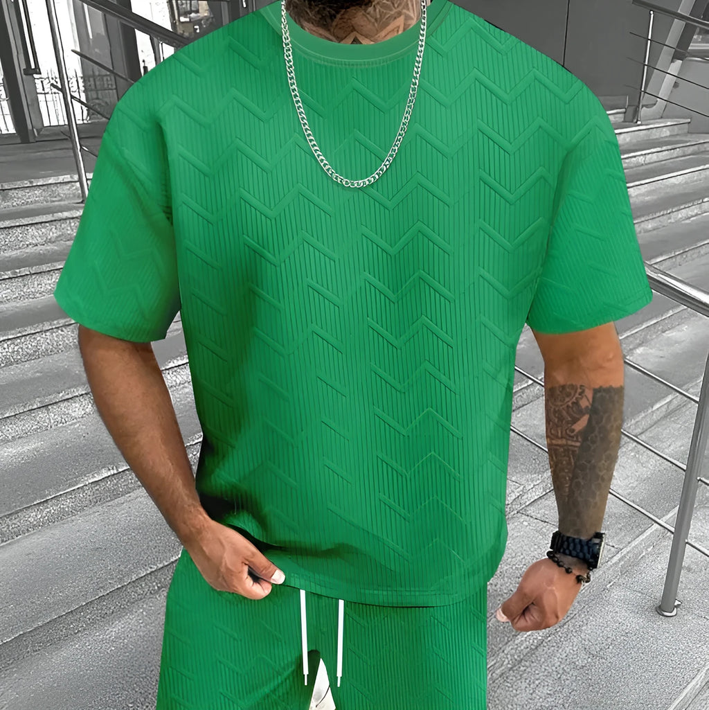 Men's short sleeve shorts suit in polyester blend fabric with 3D printed pattern