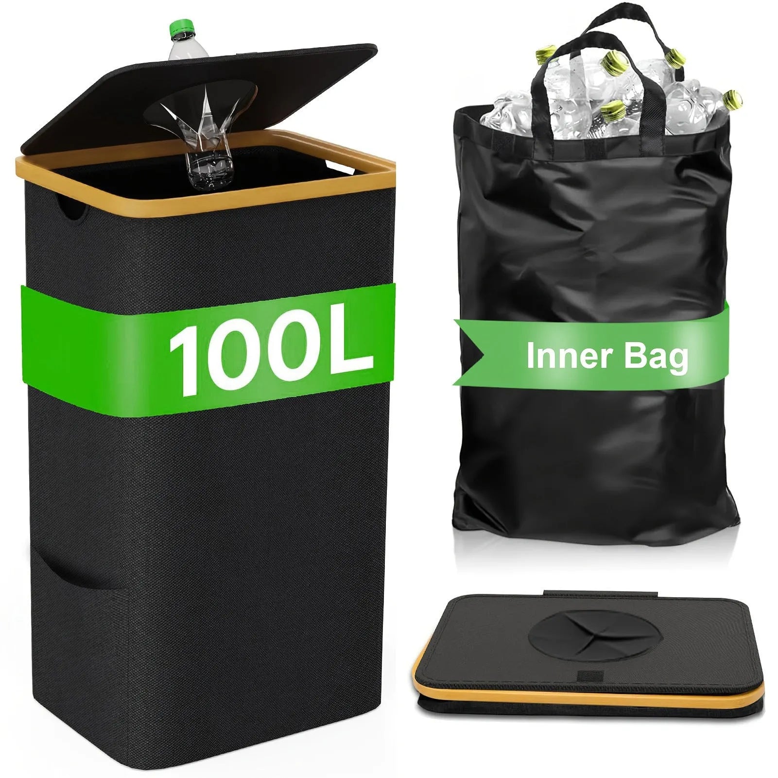 Black bamboo storage basket with removable lid showing ventilation holes and inner bottle compartment