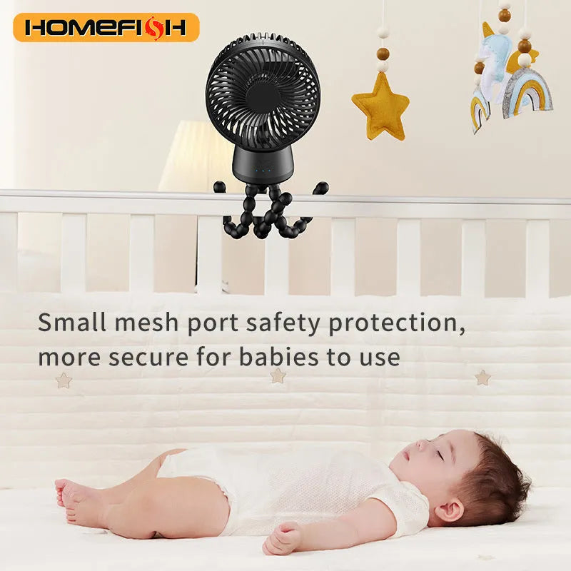HOMEFISH F2 handheld fan with automatic shake head, LED light, and removable mounting bracket.
