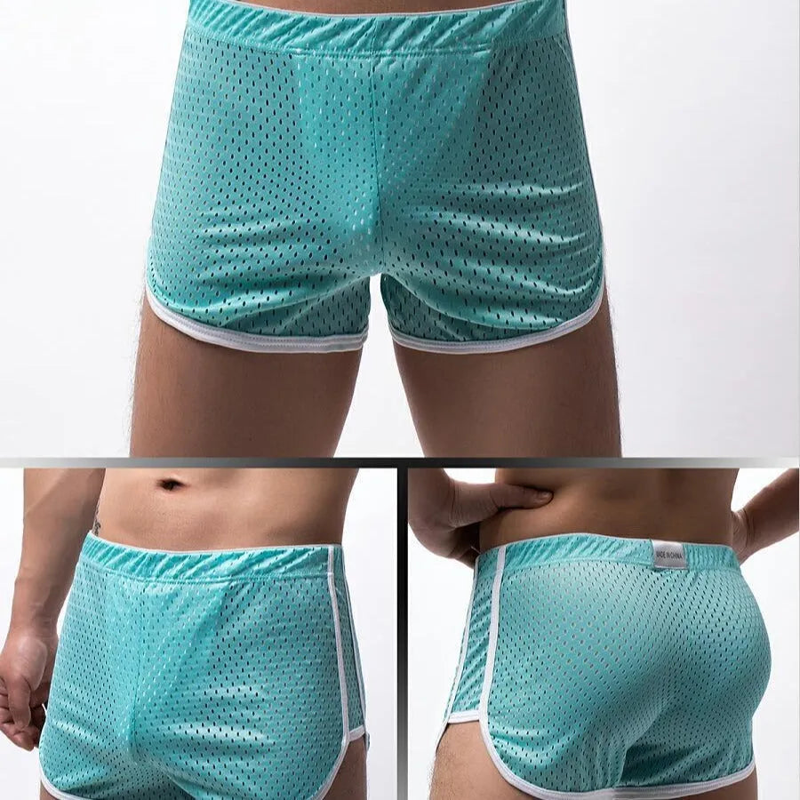Men's cotton three-point boxer shorts in various colours on a size chart