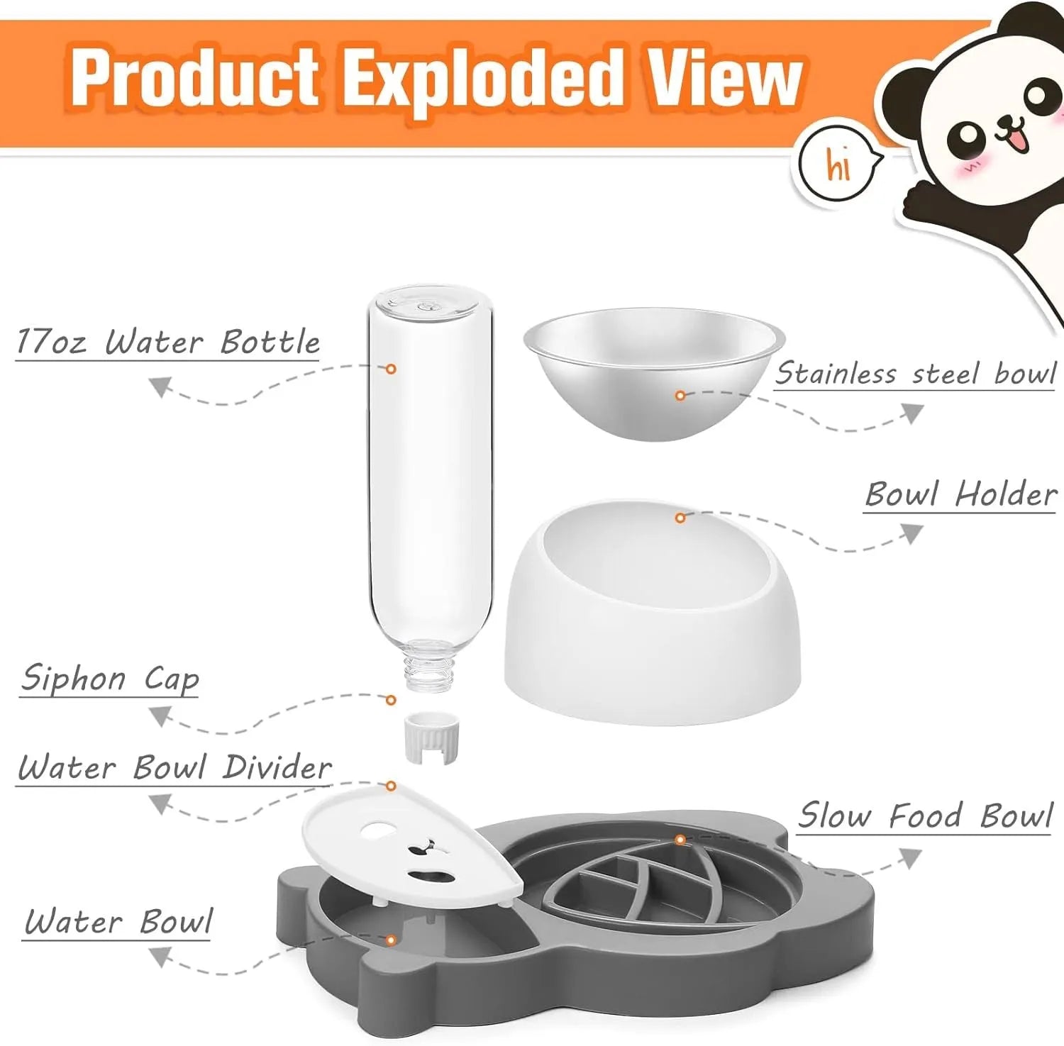 Grey panda-shaped tilted elevated pet feeder with stainless steel bowls and automatic water bottle