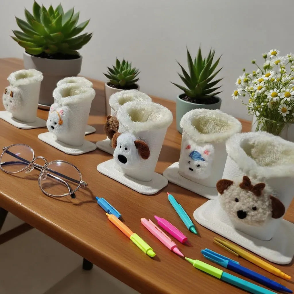 Nordic fluffy leather desktop glasses storage bucket 11.6x8.1x12cm cartoon animal