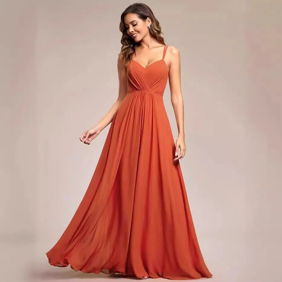 Women's sleeveless sling neckline banquet dress with long pleated A-line skirt