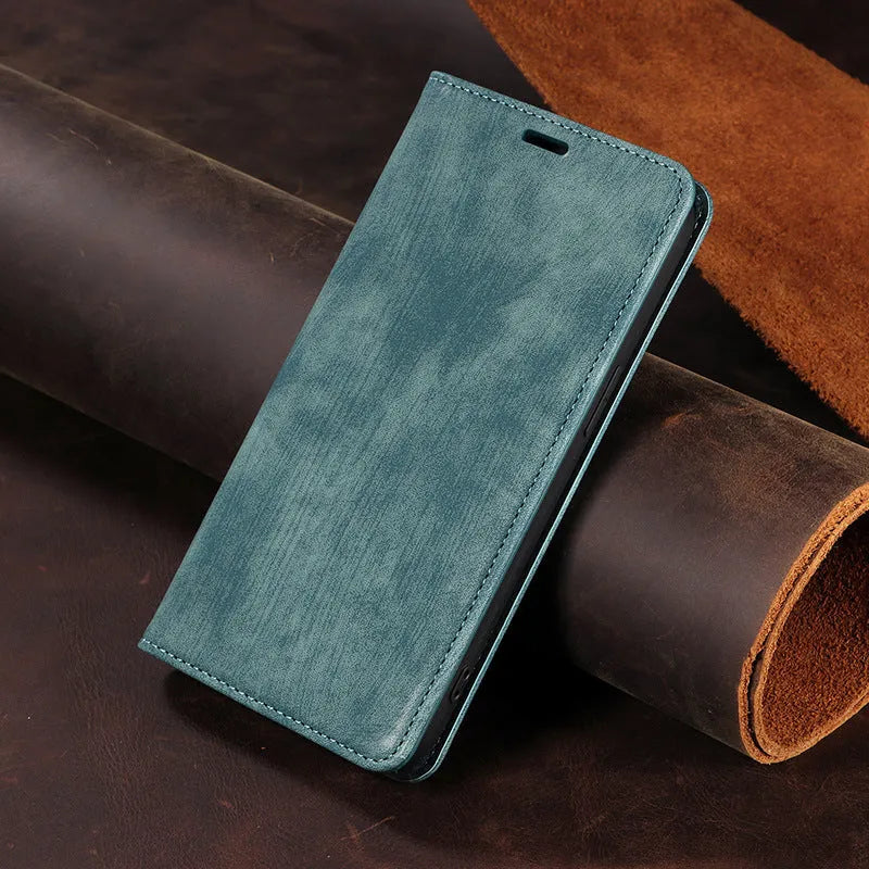 Magnetic leather flip phone case for iPhone in grey, showing front cover closed.