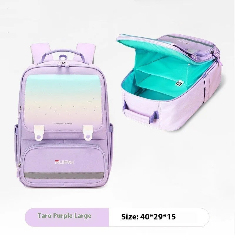 Primary school polyester backpack with burden reduction and spine protection, available in pink, red, purple and navy blue