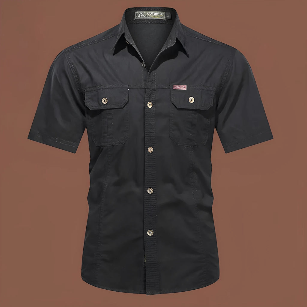 Men's short sleeve cotton work shirt in a loose cardigan style, shown in army green.