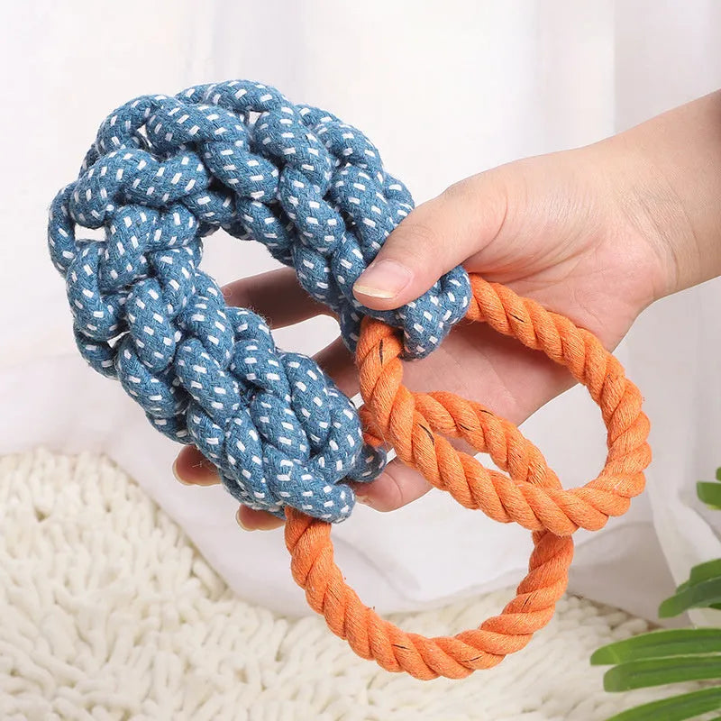 Blue braided bone rope dog toy with double rings for chewing and dental care