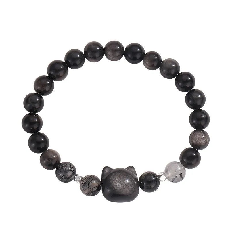 Natural obsidian couple bracelet with cat crystal charm in silver stone or white agate colour.