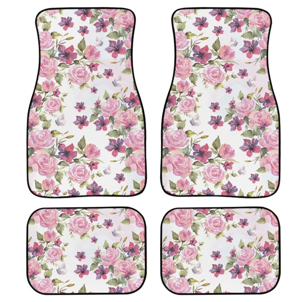 Black printed rubber car floor mats in a four-piece set for vehicles
