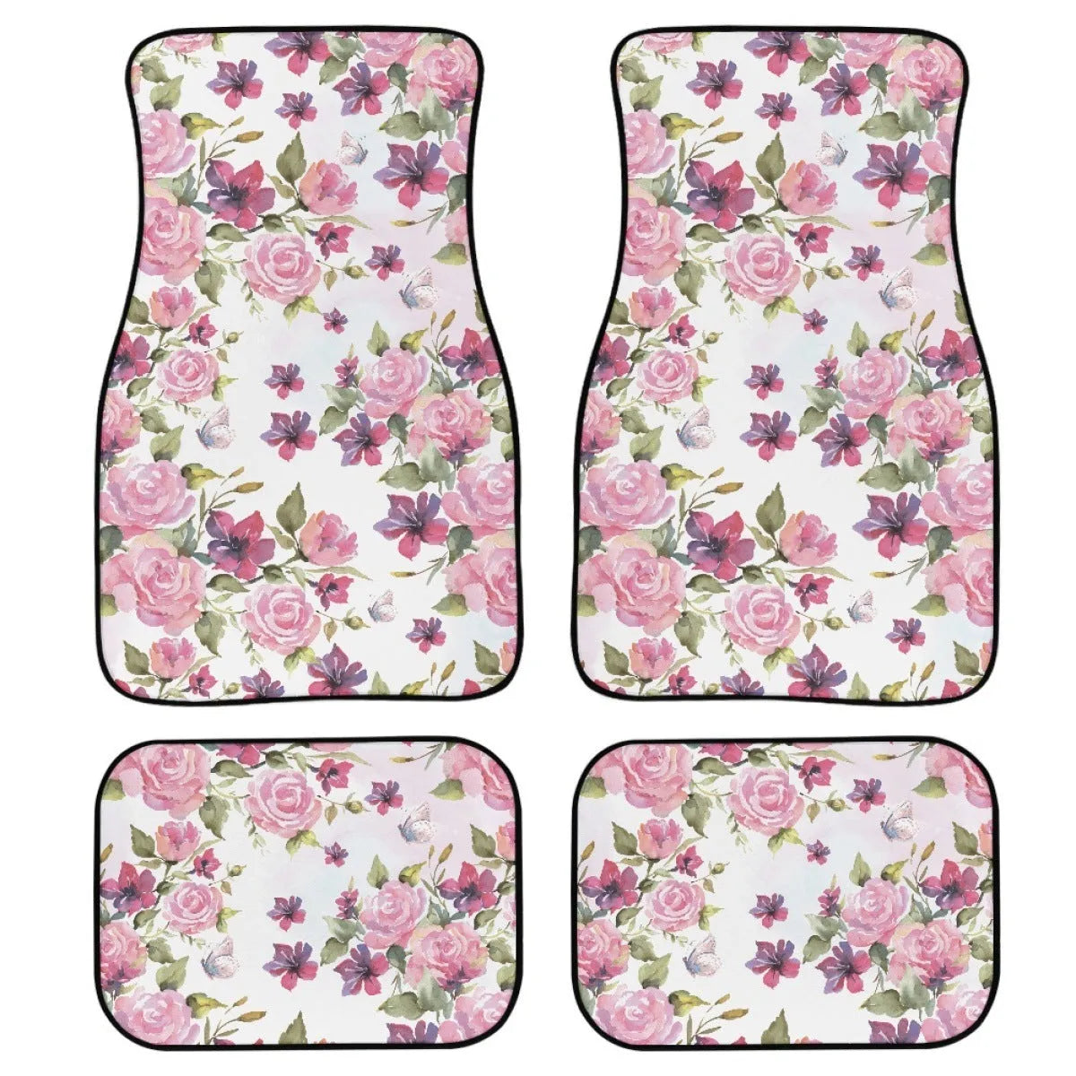 Black printed rubber car floor mats in a four-piece set for vehicles