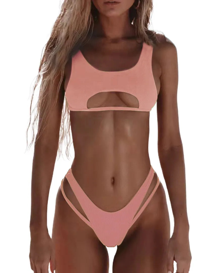 Women's solid colour split snake fabric bikini swimsuit with high elasticity for swimming