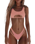 Women's solid colour split snake fabric bikini swimsuit with high elasticity for swimming