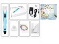 Children's 3D printing pen set with yellow pen, USB cable, and 3-colour filament on a table