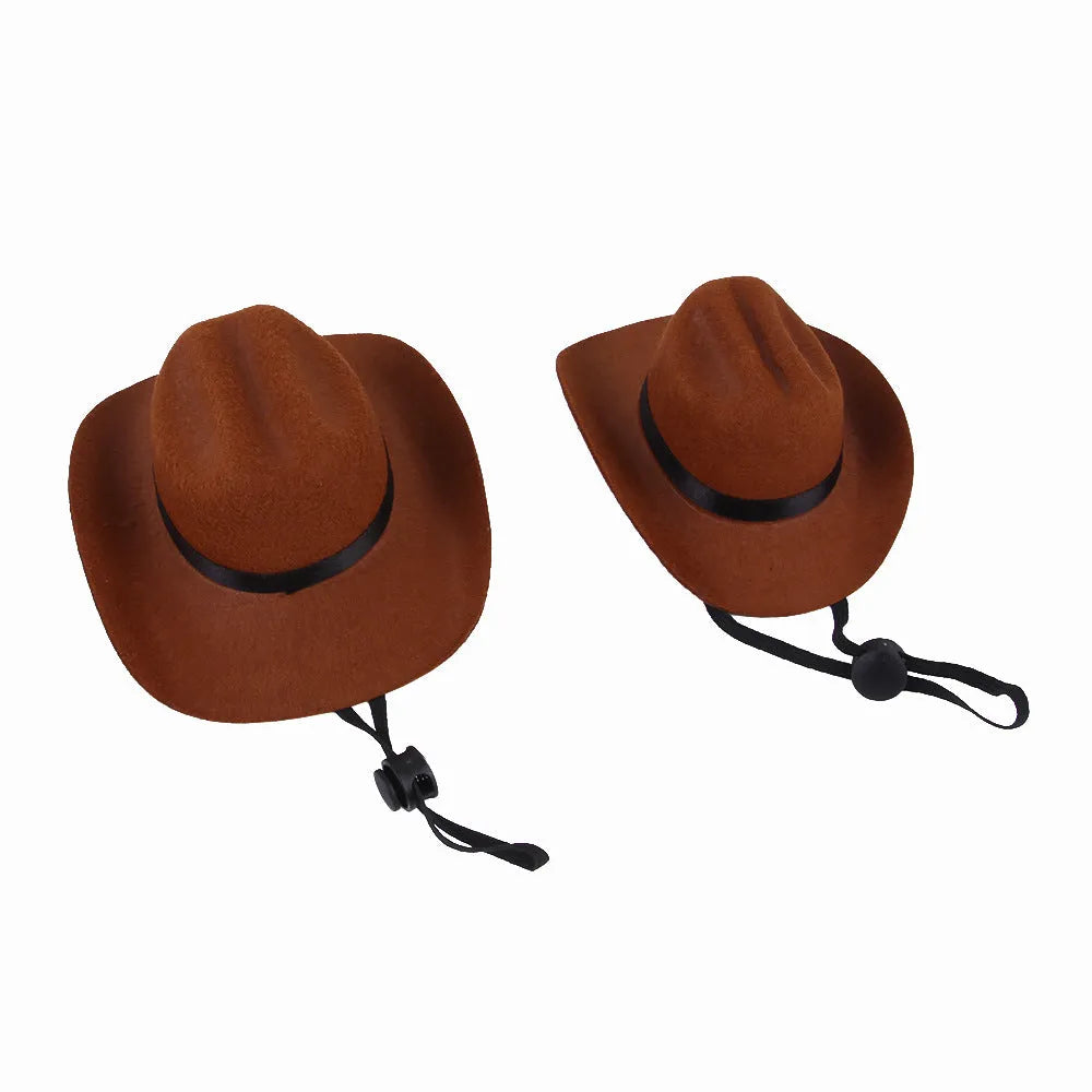 A brown adjustable cowboy hat for a dog or cat on a white background.