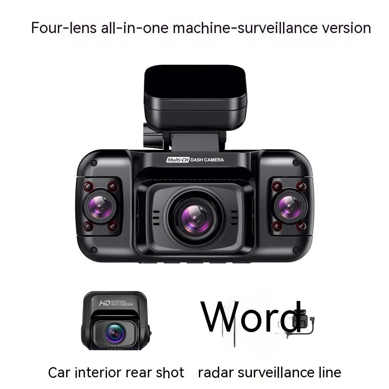 Four-lens car dash camera with 2-inch screen for parking surveillance and GPS logging
