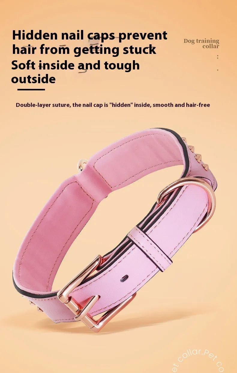 Leather dog collar with metal anti-bite rivets in chocolate, pink, or black colour for medium to large dogs