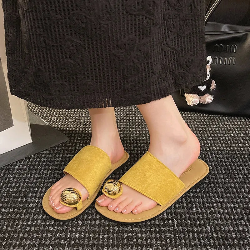 Women's flat bottomed French toe flip flops in solid colour with artificial PU upper and rubber sole