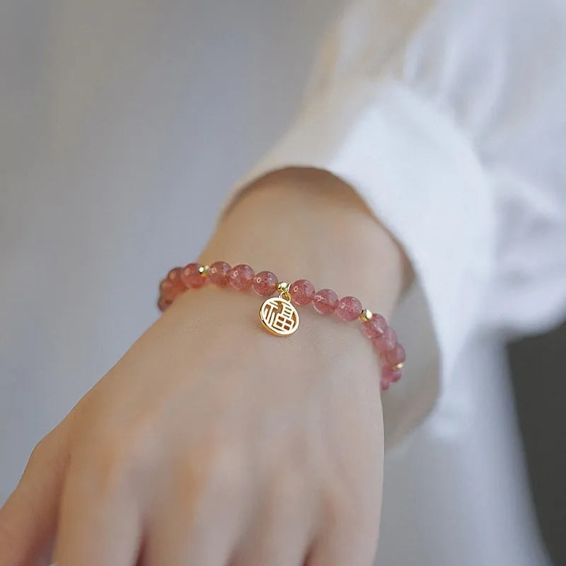 Strawberry quartz blessing card bracelet for women with glass beads and manual crafting