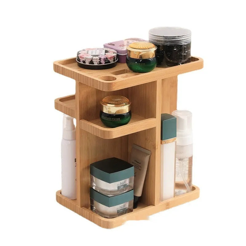 Bamboo multi-layer rotary storage rack with 18 litre capacity for cosmetics organisation