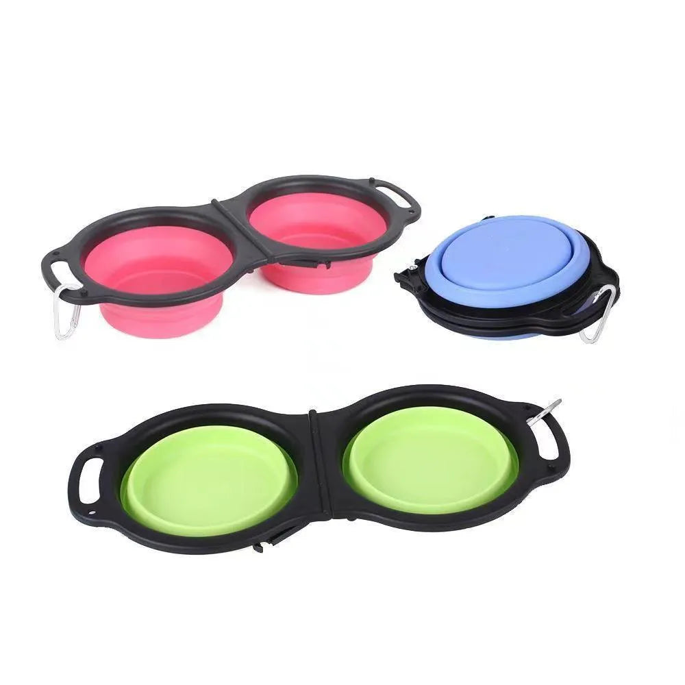 Blue silicone folding pet bowl showing two compartments for food and water in unfolded position