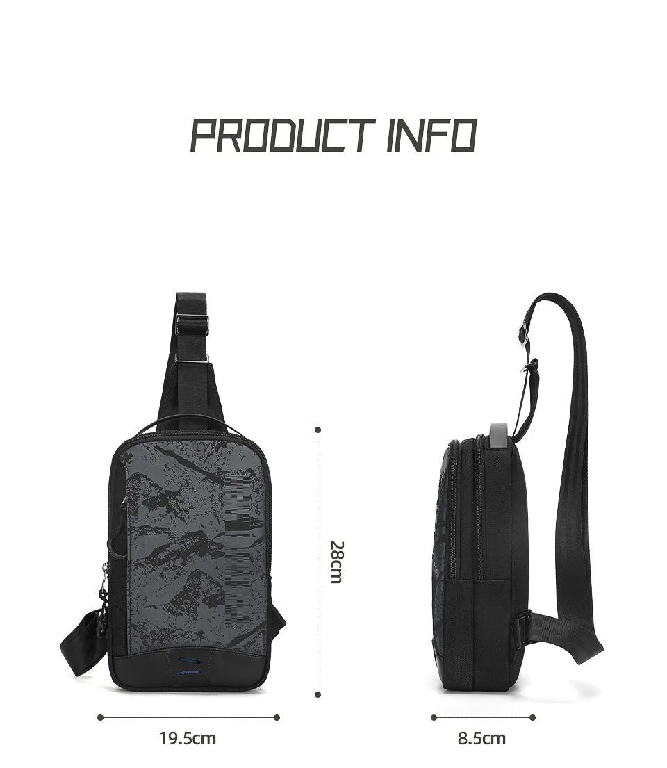 Casual black TPU camouflage chest bag with single shoulder strap and soft handle on a plain background.