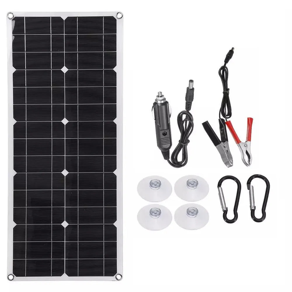 30W semi-flexible solar panel for outdoor USB charging of phones and cameras