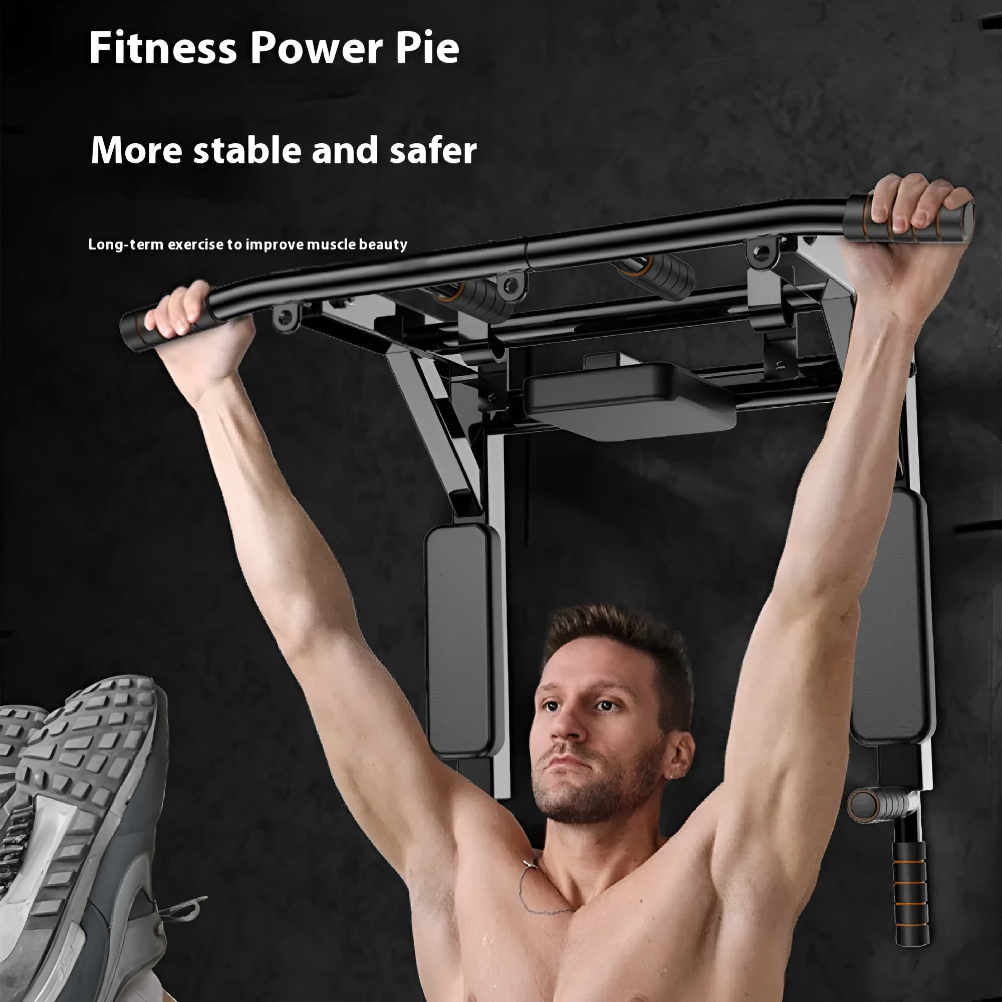 Black wall-mounted steel fitness station with sandbag rack, parallel bars and pull-up bar