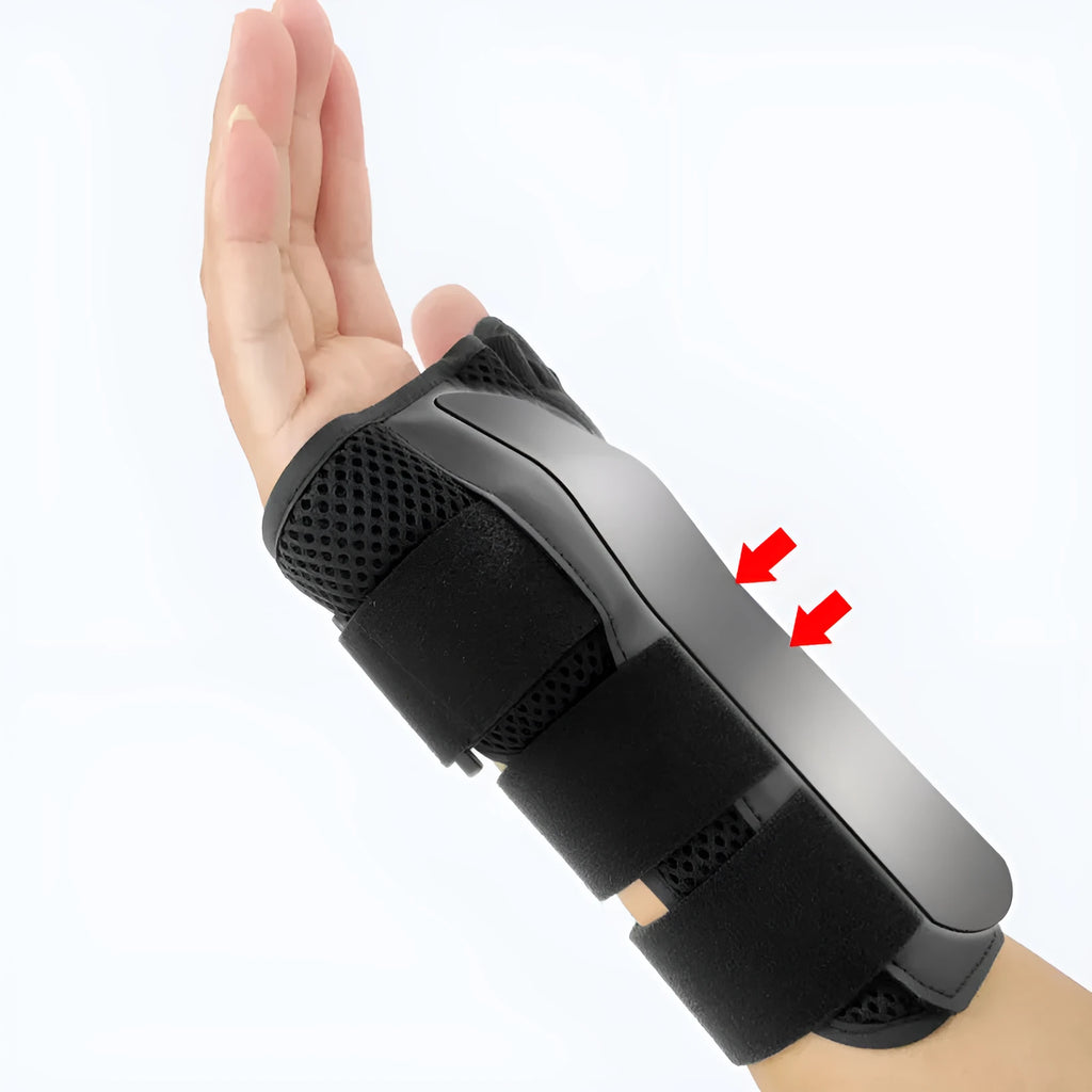 Black carbon fibre wrist guard with grey edging and thumb strap for sports support