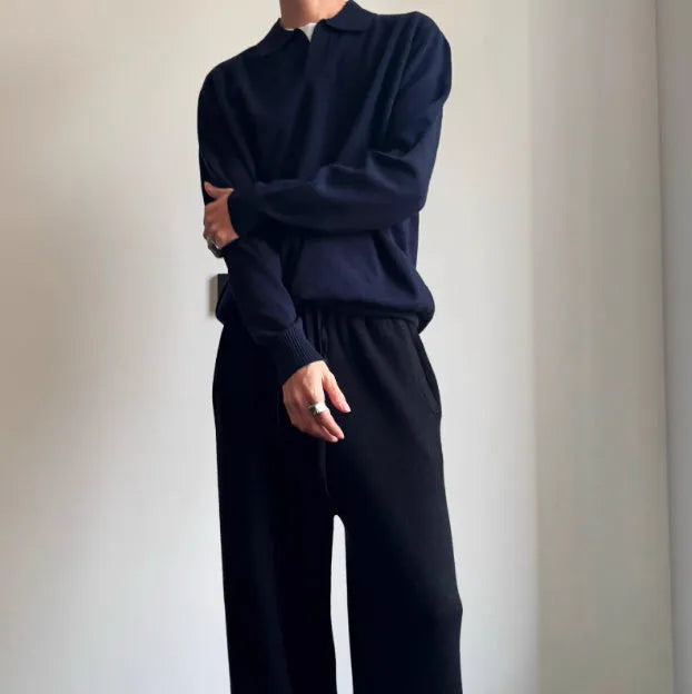 Milky White pure wool polo sweater with a lapel collar, shown in a loose fit.