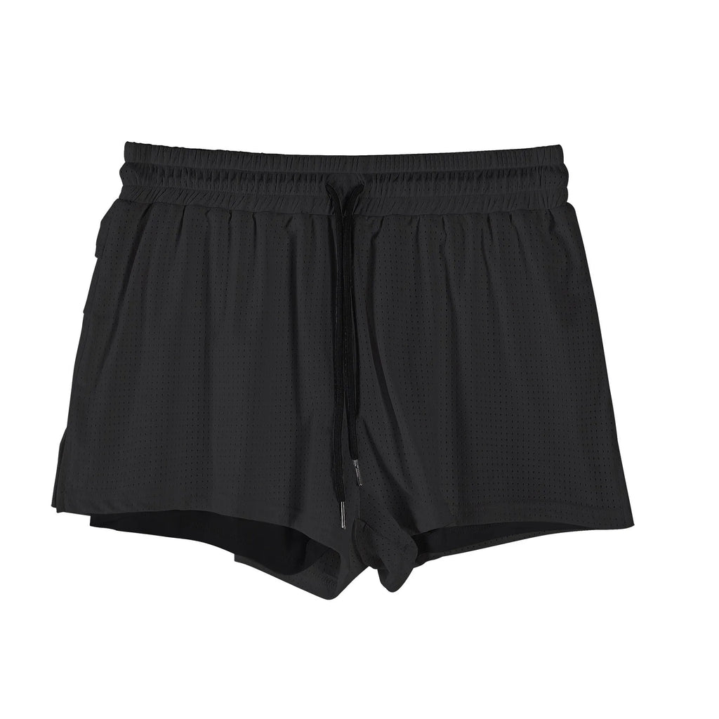 A pair of men's nylon summer shorts in black, showing the mid-waist design and short length for sports.