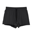 A pair of men's nylon summer shorts in black, showing the mid-waist design and short length for sports.