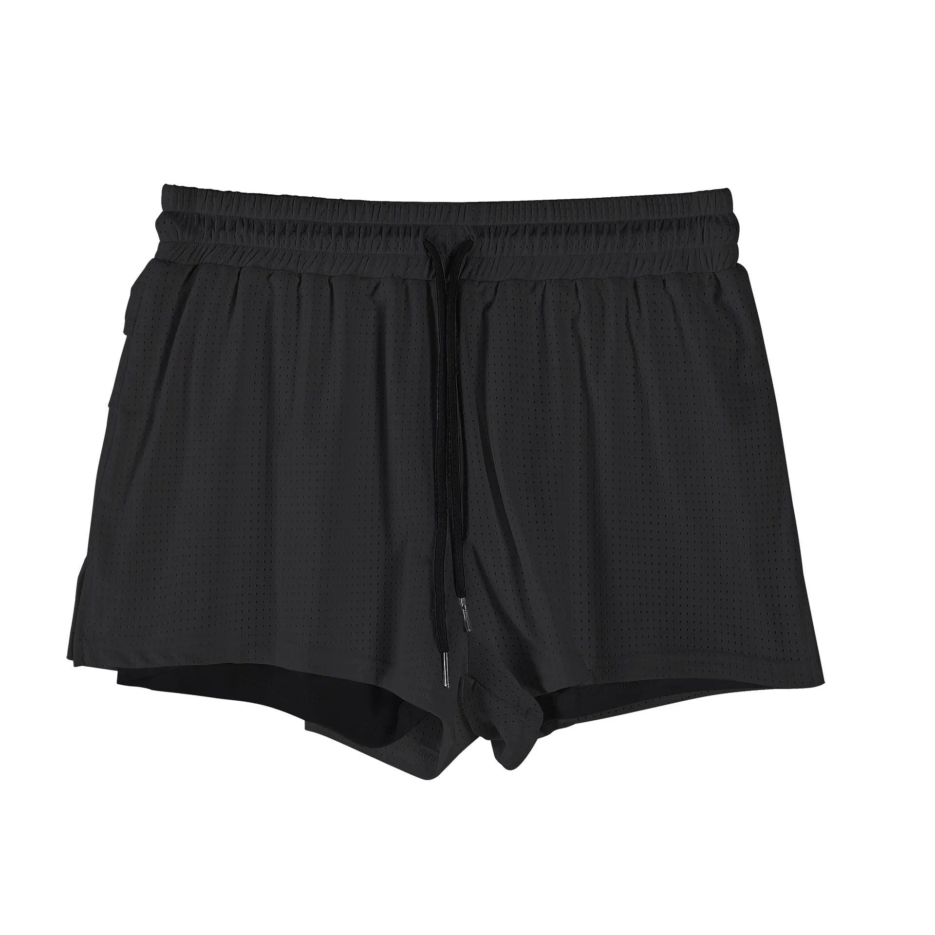 A pair of men's nylon summer shorts in black, showing the mid-waist design and short length for sports.