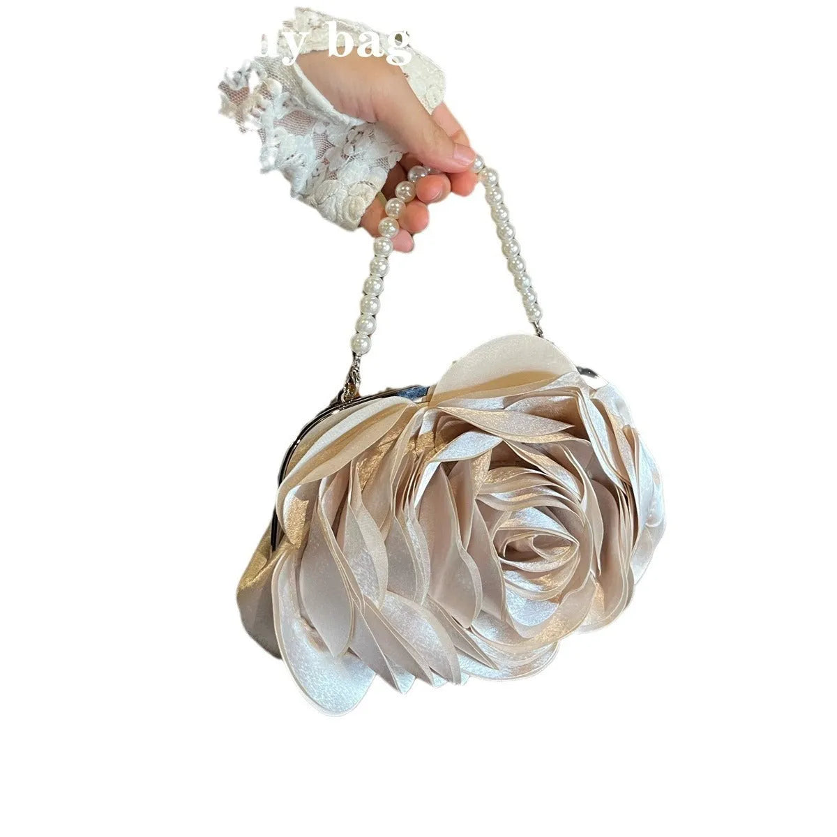 Chinese retro dinner bag flower clutch with pearl chain in black, white, or champagne, square vertical polyester bag