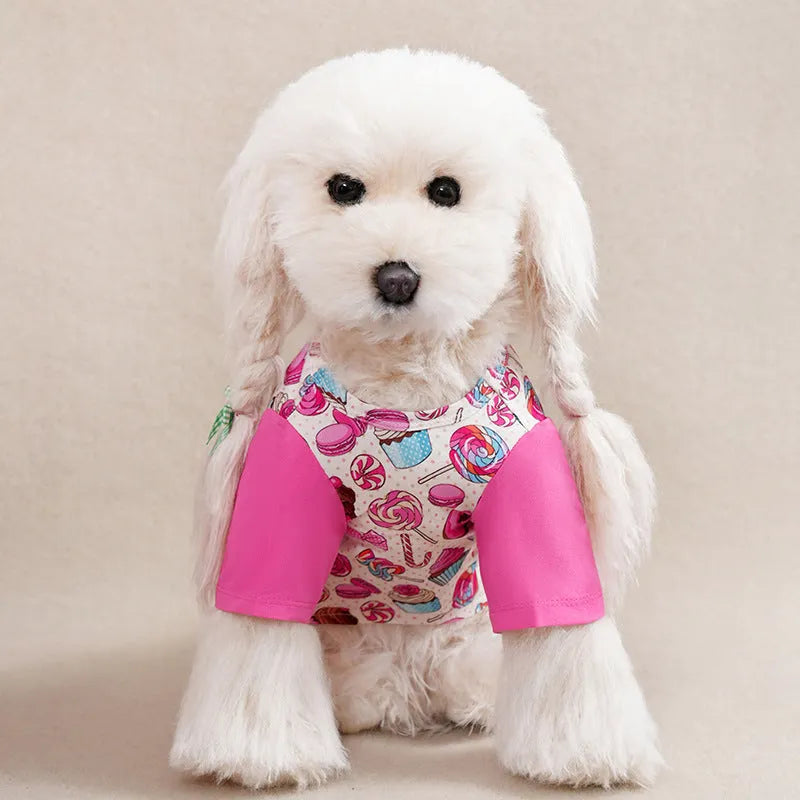 Full printed polyester dog t-shirt in casual style for spring and autumn wear with size chart