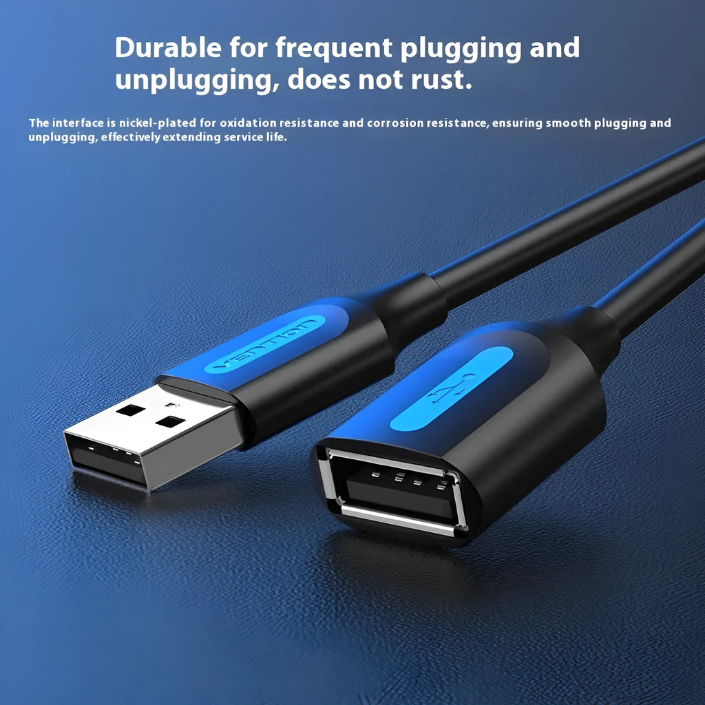 Black USB A male to AM female extension cable on a white background, showing straight head connectors.