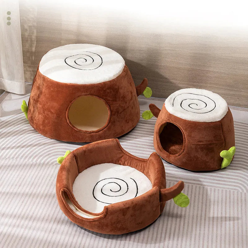 Four Season Universal Relief Pet Cat Nest in tree stump style with door, made from artificial rattan