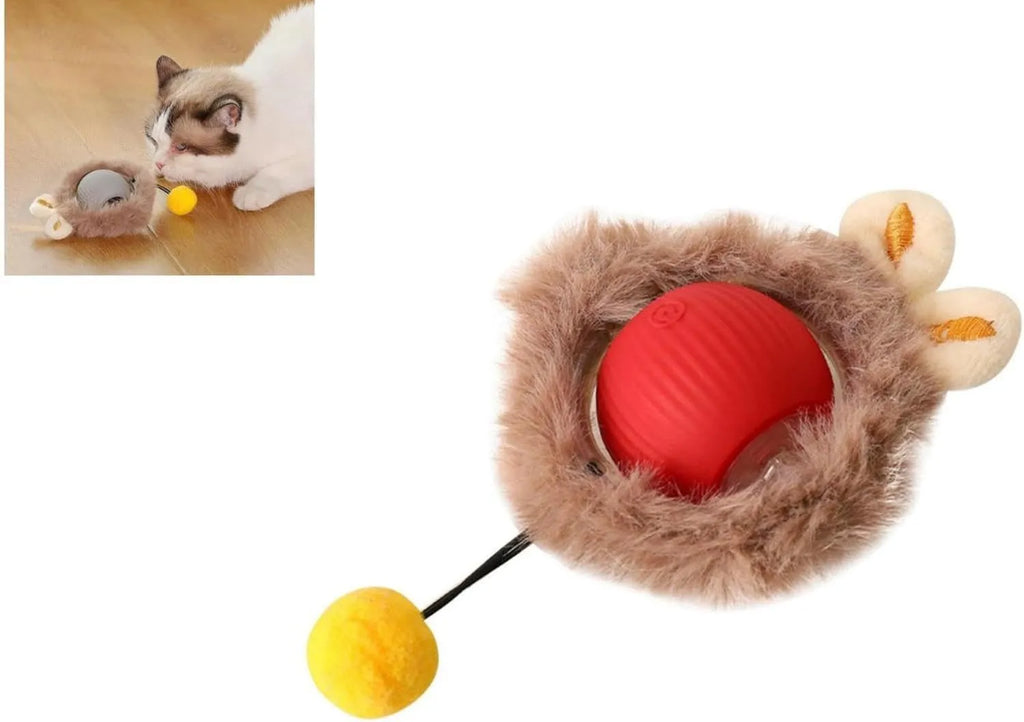Automatic rotating pet ball toy in grey, green, or red with attached string for interactive cat and dog play