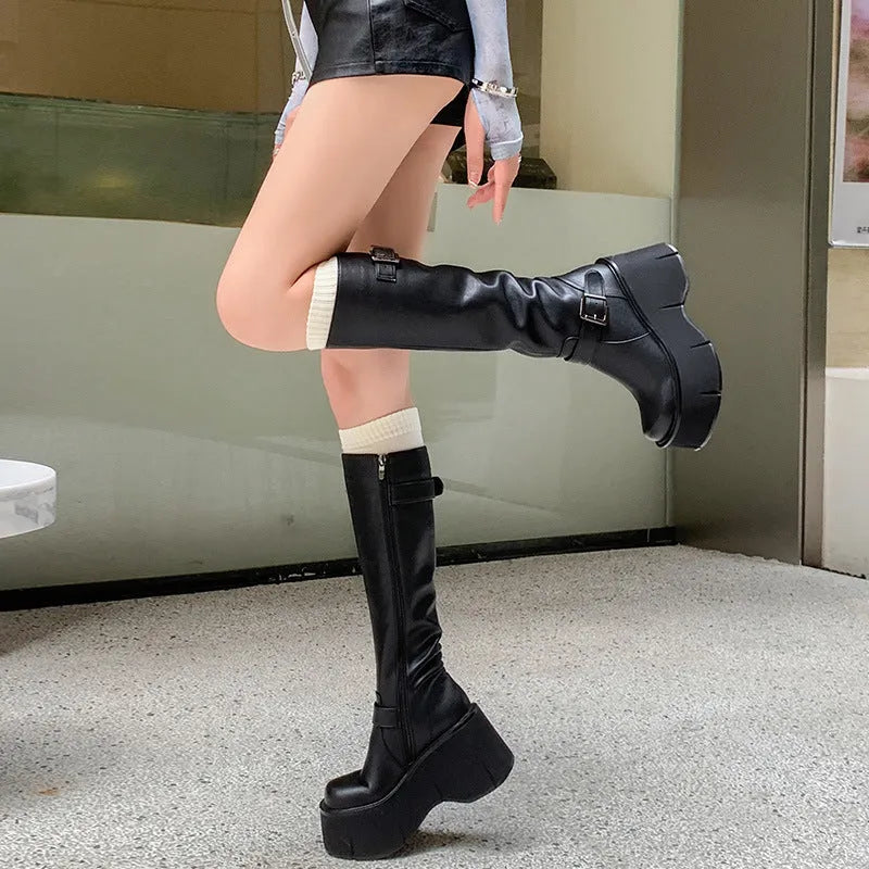 Women's black tall knight boots with chunky heel, round toe, and front lace-up closure