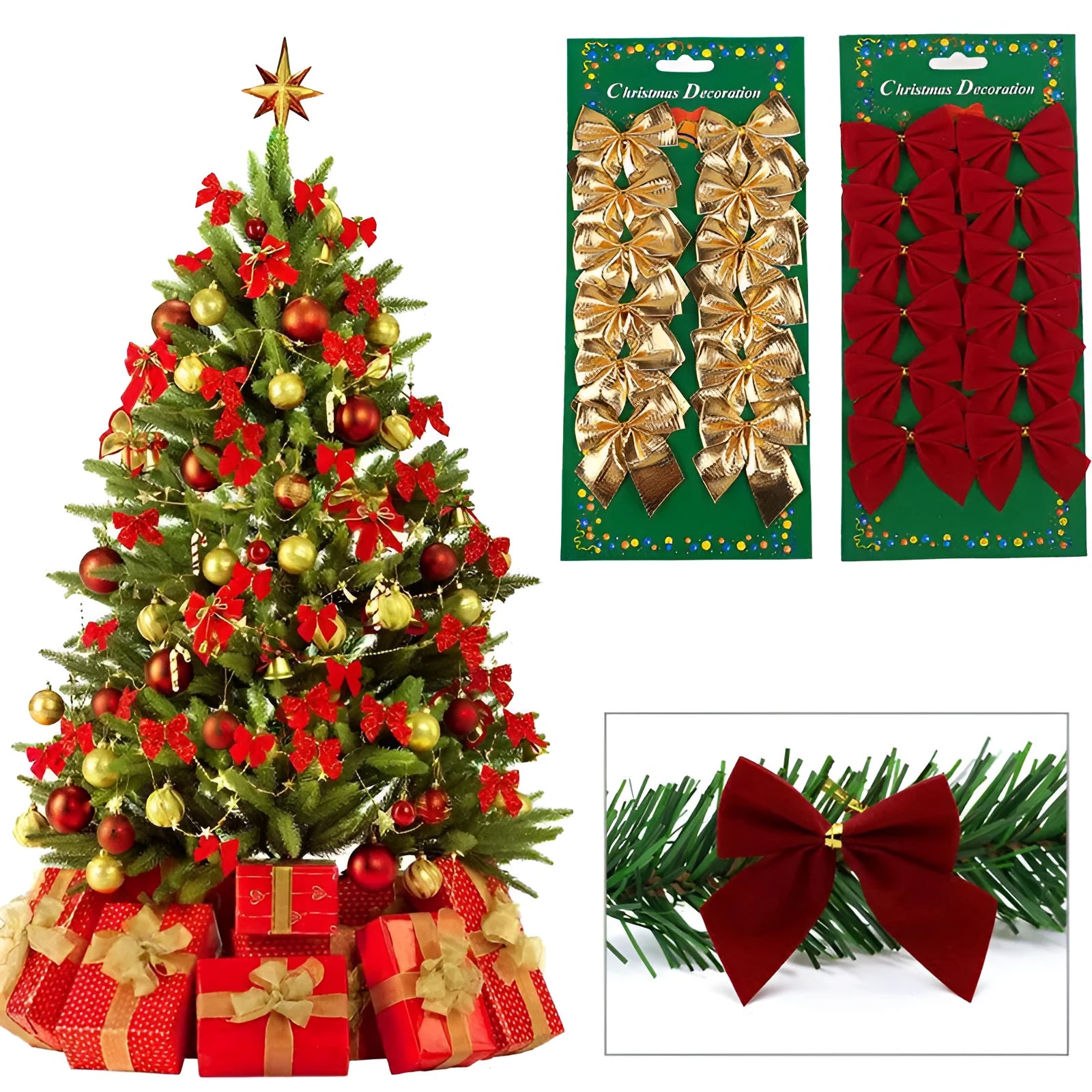 5cm polyester Christmas tree decoration bows in gold, red, red gold, and silver colours