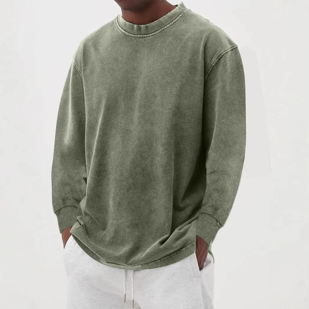 Men's long-sleeved t-shirt washed old solid colour slim fit polyester pullover in sky blue