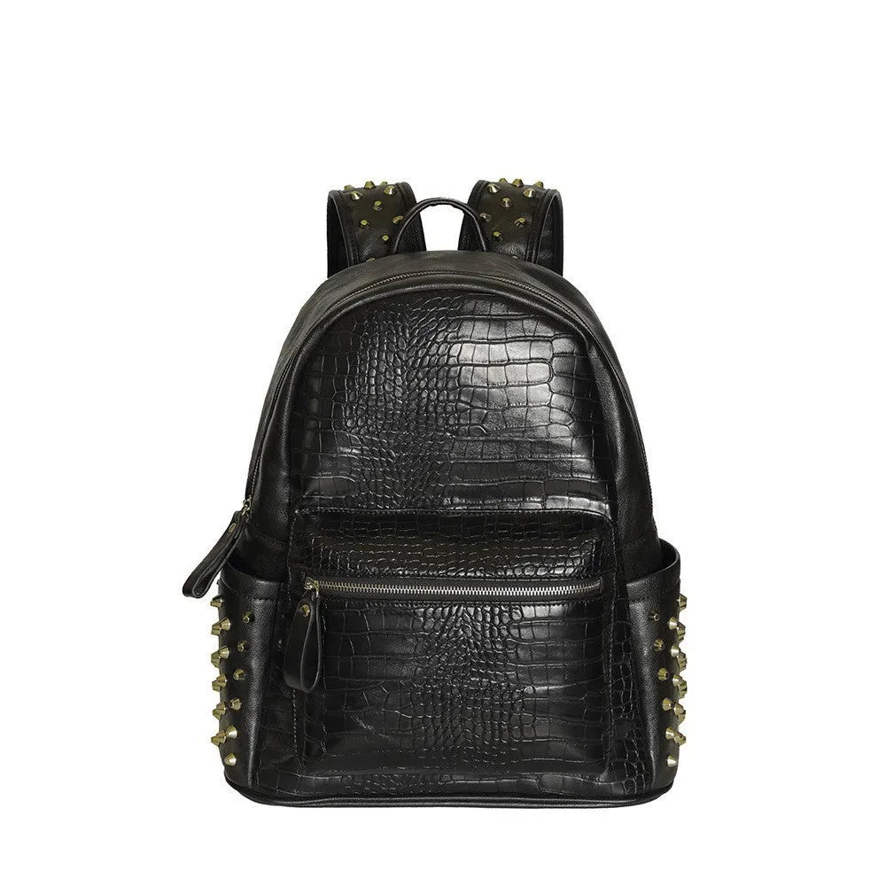 Black waterproof PU oil wax leather computer schoolbag with 36-55L capacity and rivet details.
